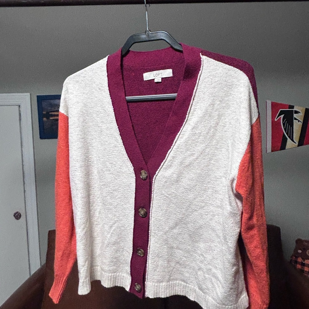 LOFT Women's Colorblock Cardigan Sweater - Cream, Purple, and Orange